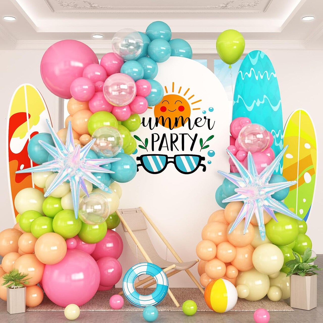 Summer Tropical Balloon Arch Garland Kit – Iridescent Star Balloons, Transparent Balloons, Teal, Pastel Pink, Orange, Yellow & Lime Green Balloons for Hawaiian Luau, Aloha Birthday & Pool Party Décor